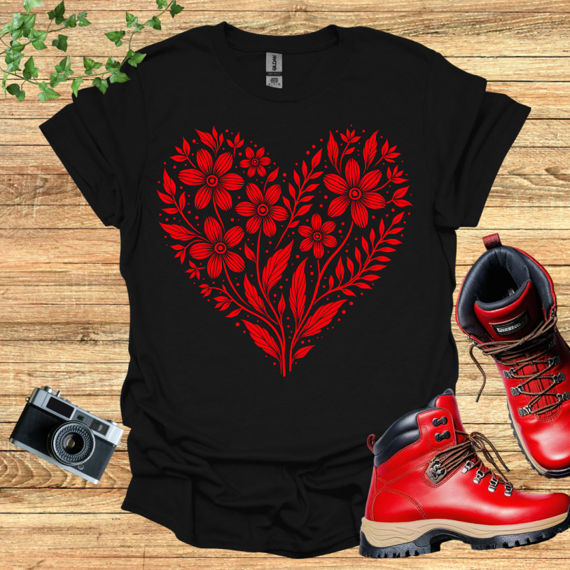 Floral Heart Shape Red T-Shirt