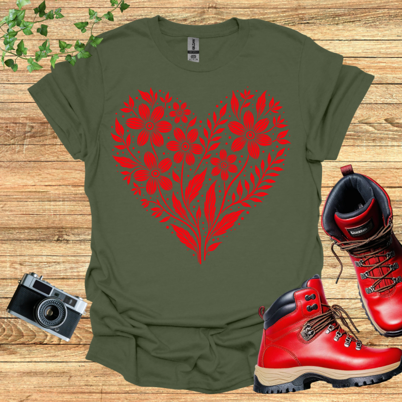 Floral Heart Shape Red T-Shirt