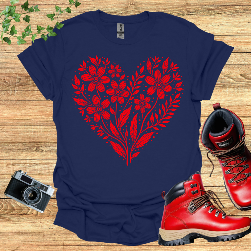 Floral Heart Shape Red T-Shirt