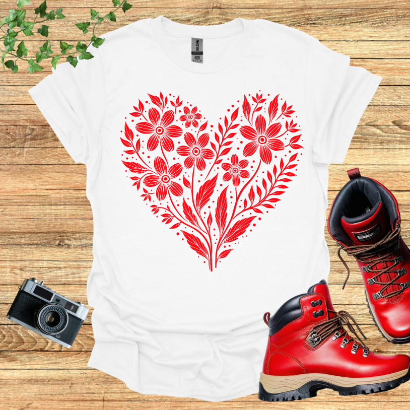 Floral Heart Shape Red T-Shirt