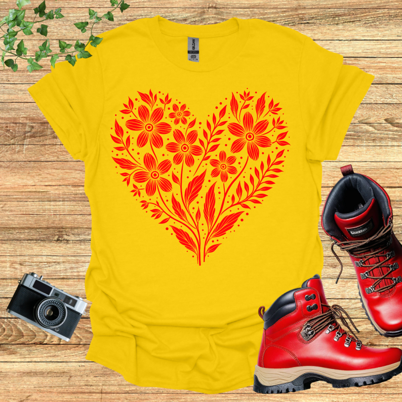 Floral Heart Shape Red T-Shirt