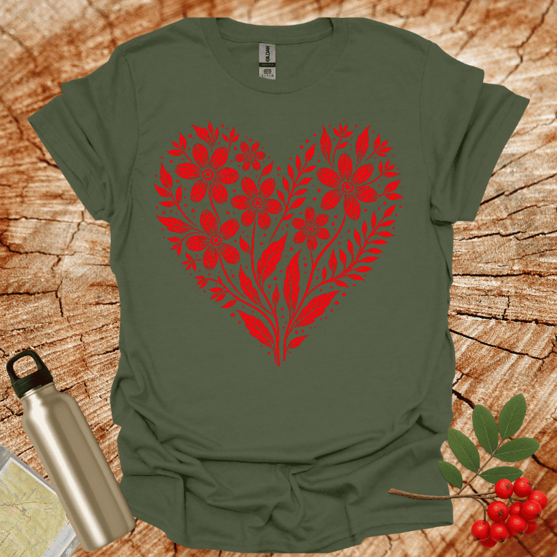 Floral Heart Shape Red T-Shirt
